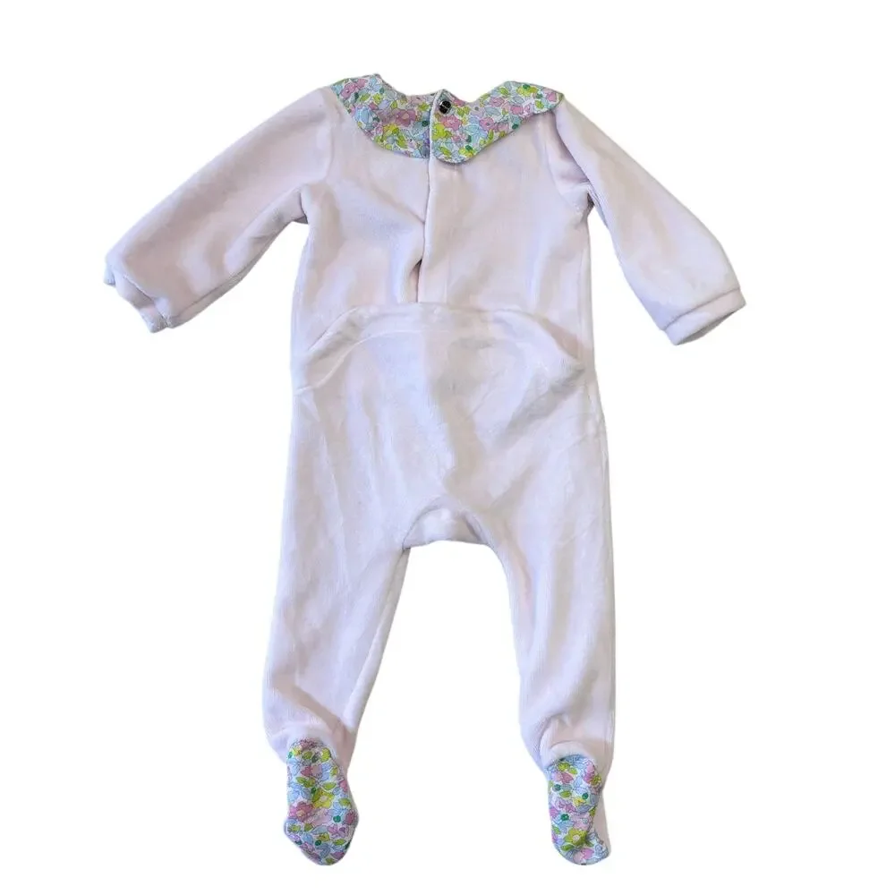 Jacadi Paris 6 Months Pink Baby Girl Onesies Bodysuit Velour Floral Footed